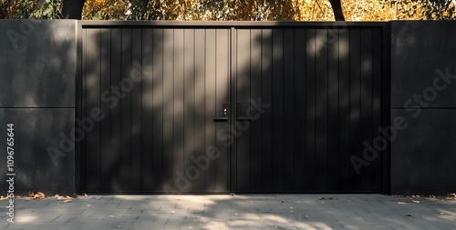 Black modern metal double gate at the entrance to a residential house with copy space, real photo. photo