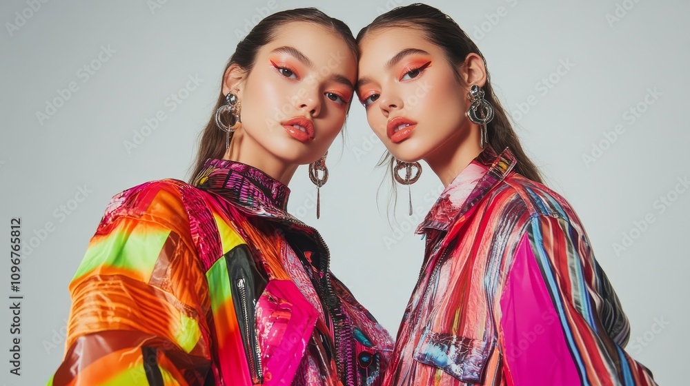 Daring Duo: High-Fashion Twin Models in Mirrored Poses under Vibrant Lighting with Editorial Vibe on Clear Background