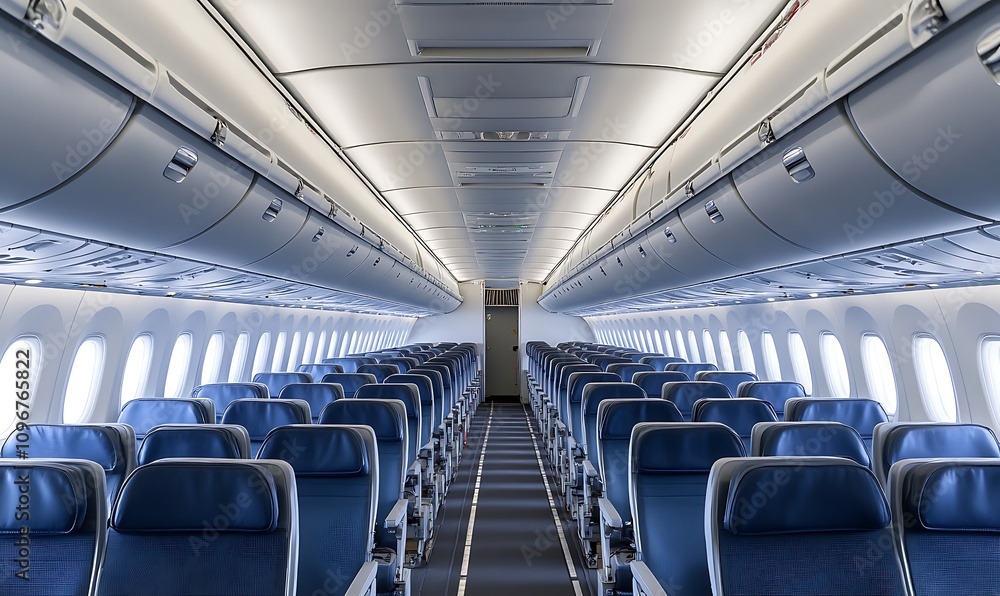 Interior of an airplane showing empty rows of seats and overhead compartments. Interior of an airplane showing empty rows of seats and overhead compartments.
