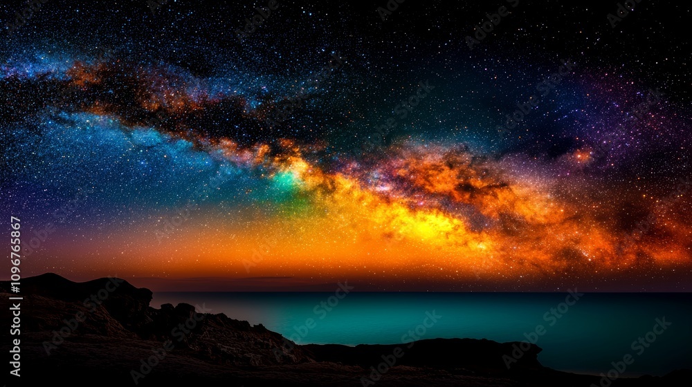 Naklejka premium A colorful milky way over the ocean at night