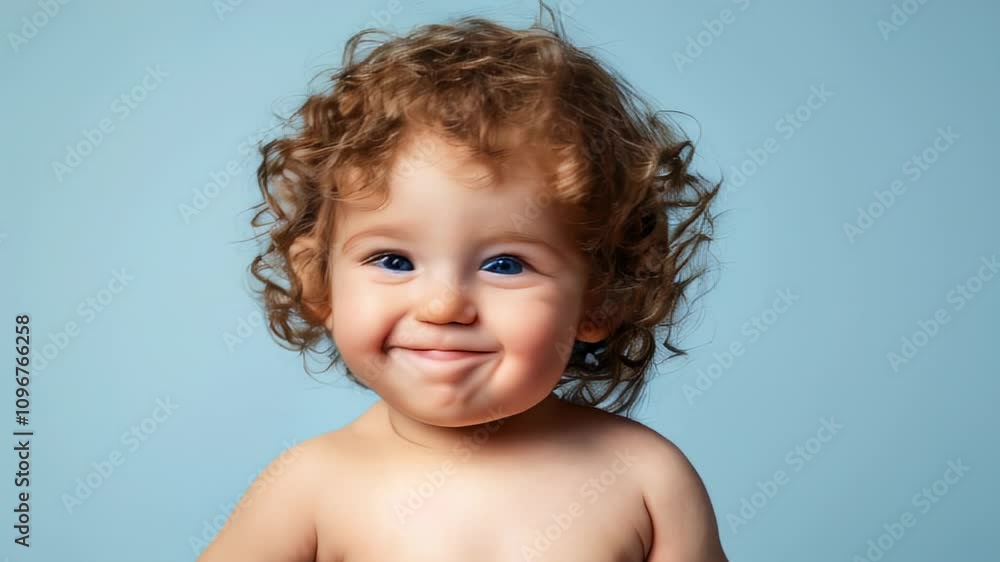 Happy toddler giving thumbs up with curly hair in front of a light blue background Happy toddler giving thumbs up with curly hair in front of a light blue background