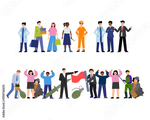 Good and bad people. People, different strata of the population. Vector simple color flat illustration.