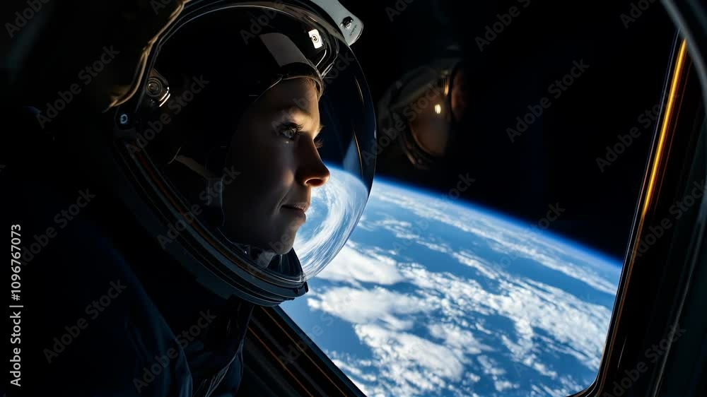 Astronaut gazing at Earth through spacecraft window Astronaut gazing at Earth through spacecraft window
