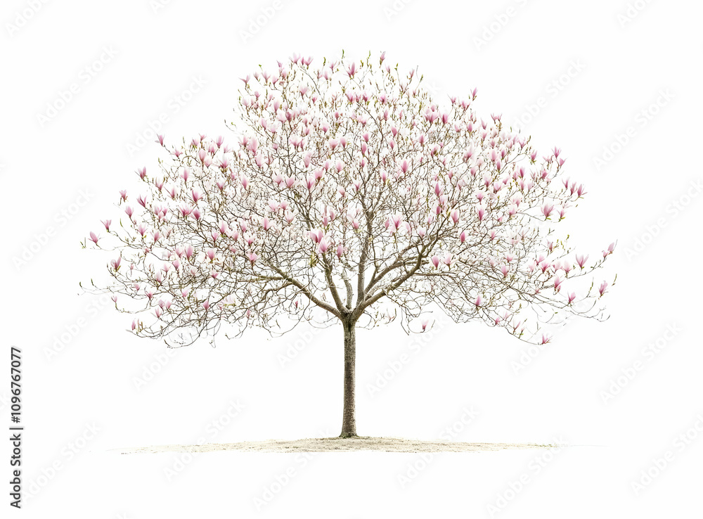 Obraz premium Stunning Magnolia Tree in Full Bloom with Pink Flowers Against White