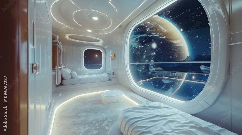 Futuristic space bedroom design outer space digital art sci-fi environment wide angle view modern living concept Futuristic space bedroom design outer space digital art sci-fi environment wide angle view modern living concept