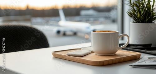 Travel restrictions remote work concept. A cozy coffee scene by an airport window, featuring a white mug, a cookie on a wooden tray, and a blurred airplane in the background.