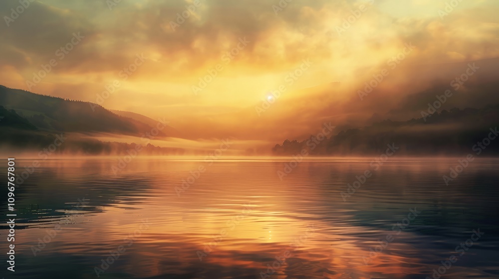 Obraz premium Serene sunrise reflection over calm lake mountain landscape nature photography tranquil environment wide angle view peaceful concept
