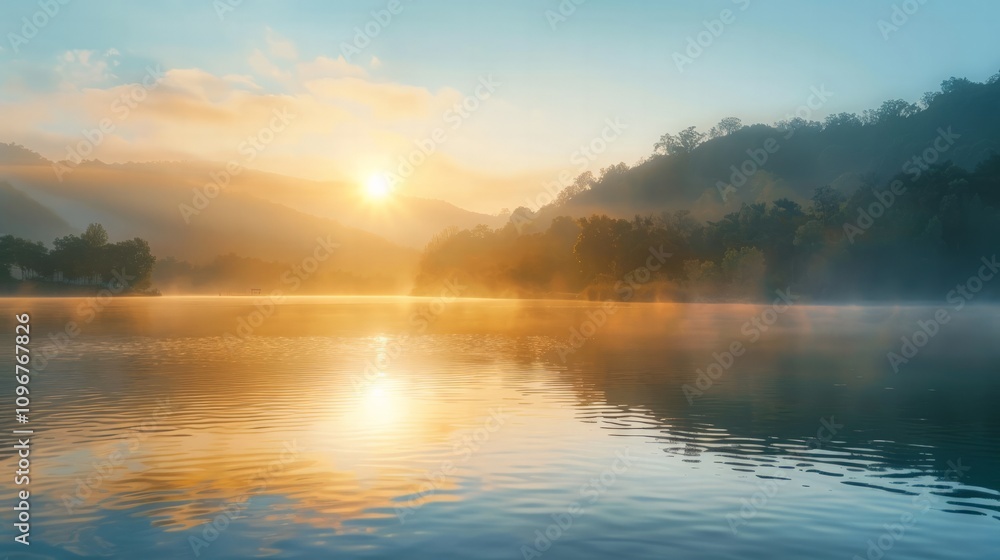 Fototapeta premium Sunrise over tranquil lake nature landscape morning reflection serene environment scenic view peaceful concept for relaxation