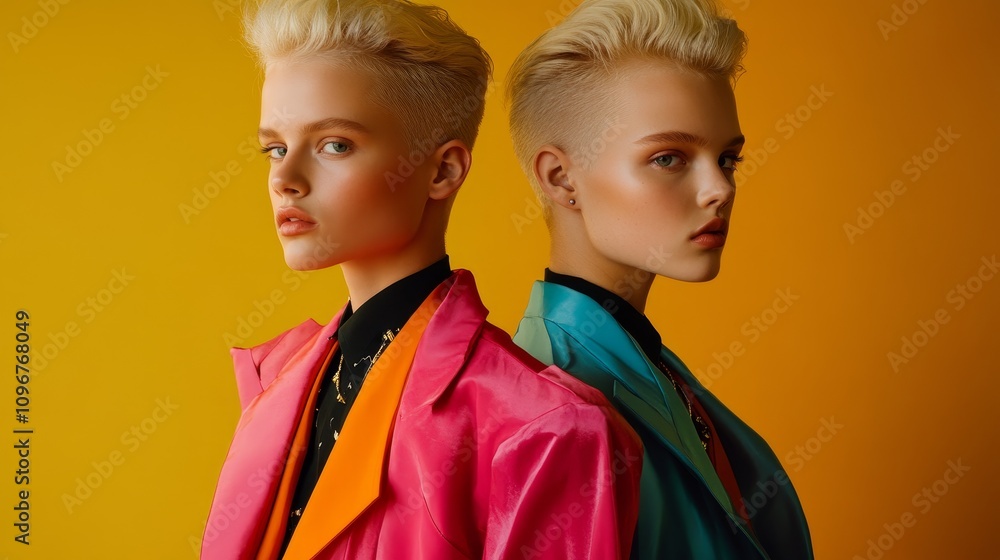 Dynamic Duo: Senior Twin Models Rocking Stylish Outfits in Mirror Image Poses Under Bold Contrasting Colors and Bright Lights for Editorial Portrait Dynamic Duo: Senior Twin Models Rocking Stylish Outfits in Mirror Image Poses Under Bold Contrasting Colors and Bright Lights for Editorial Portrait