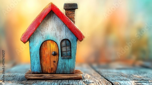 A small toy house sitting on top of a wooden table