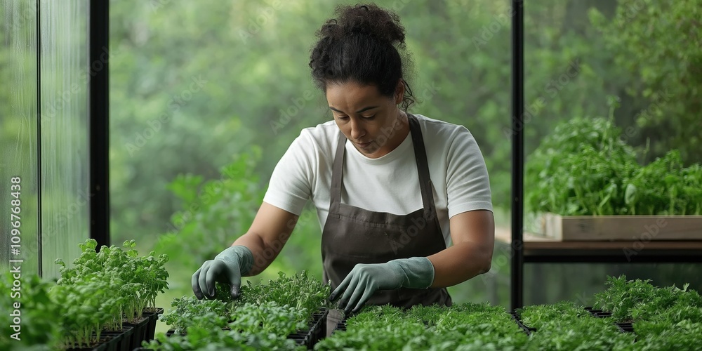 A woman is tending to a garden of plants. She is wearing gloves and an apron. The plants are green and healthy A woman is tending to a garden of plants. She is wearing gloves and an apron. The plants are green and healthy