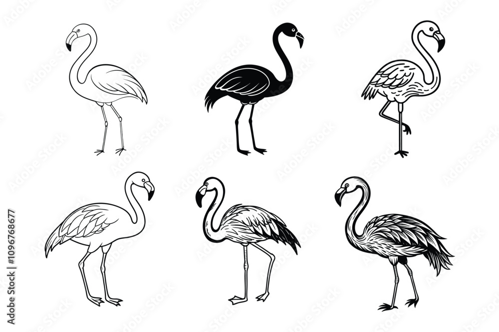 Obraz premium Add elegance to your designs with this flamingo vector set. Perfect for tropical-themed projects, decor, patterns, and digital artwork, bringing a vibrant and exotic touch to your creations.