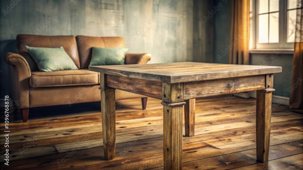 Fototapeta premium Rustic wooden coffee table with a worn finish sits in a living room, a cozy space with soft lighting and a comfortable sofa