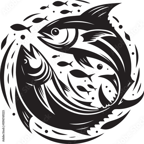 A tuna playfully circling another fish vector silhouette