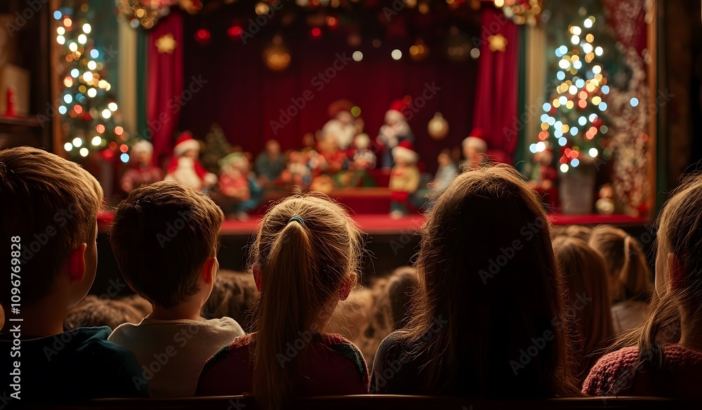 A group of children watching a puppet show in a theater, with Christmas decorations on the stage. The scene is shown from the back of the audience, A group of children watching a puppet show in a theater, with Christmas decorations on the stage. The scene is shown from the back of the audience,