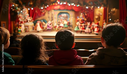 A group of children watching a puppet show in a theater, with Christmas decorations on the stage. The scene is shown from the back of the audience, 