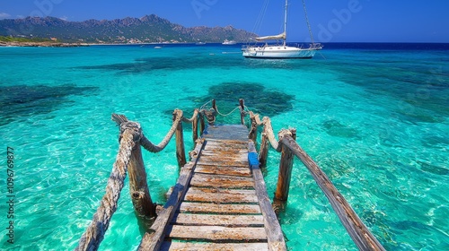 A wooden pier in the middle of a body of water with a boat in the distance