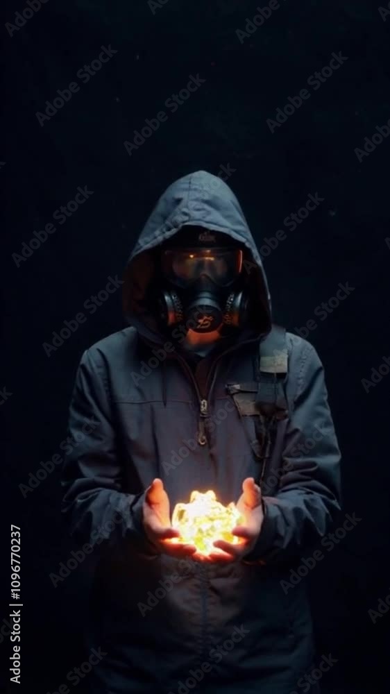 Hooded individual holding a fiery glowing anomaly in a dark setting. Hooded individual holding a fiery glowing anomaly in a dark setting.