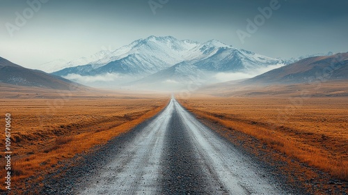 Vast gravel road stretches towards snow-capped mountains beneath a moody sky at dawn, highlighting nature's pristine beauty