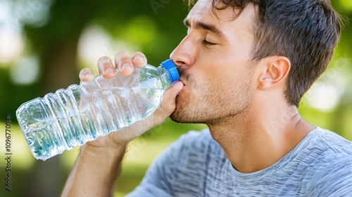 Man Drinking Water Outdoors, Refreshment and Hydration, Summer Day