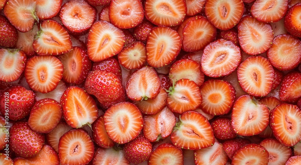 A close-up of sliced strawberries arranged in a visually appealing pattern. A close-up of sliced strawberries arranged in a visually appealing pattern.