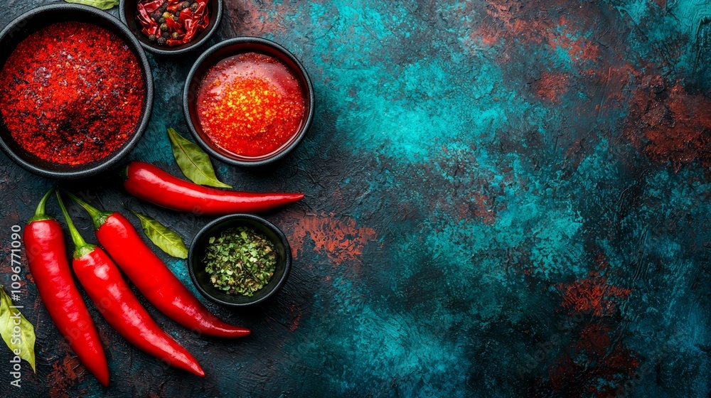 A variety of red hot chili peppers and spices on a dark background A variety of red hot chili peppers and spices on a dark background
