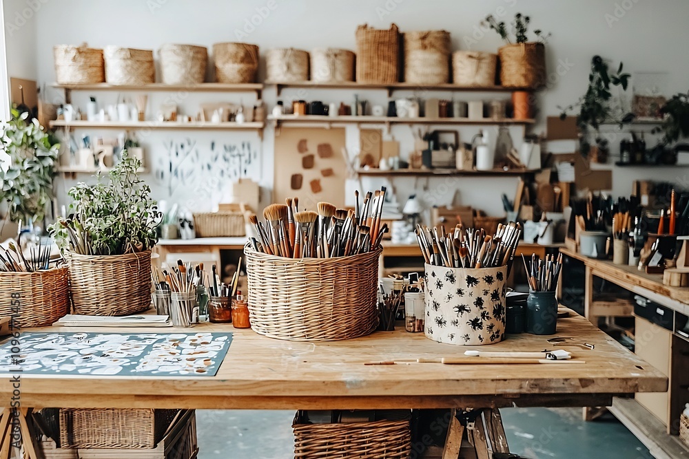 Bright and Tidy Creative Workspace with Wicker Accents and Organized Art Supplies Bright and Tidy Creative Workspace with Wicker Accents and Organized Art Supplies