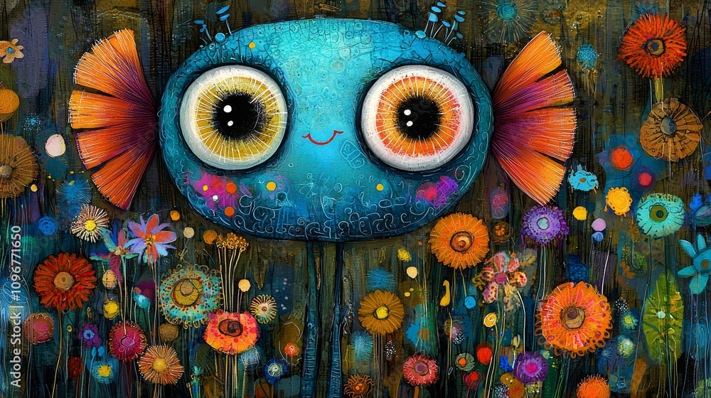 Obraz premium A painting of a blue fish surrounded by flowers