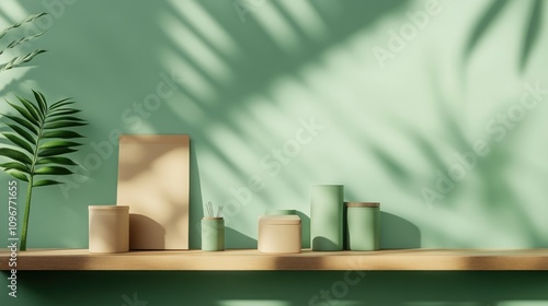 Wallpaper Mural Serene Minimalist Still Life: Wooden Shelf with Green and Beige Containers, Plant, and Shadowy Background Torontodigital.ca