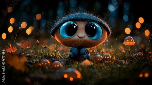 A small toy with big blue eyes sitting in the grass