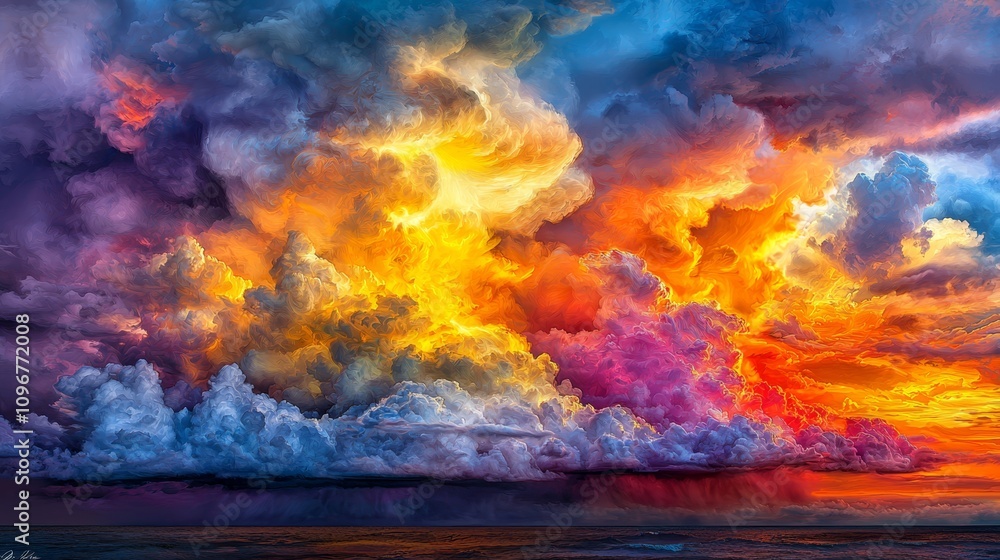 Fototapeta premium A painting of a colorful sunset over the ocean