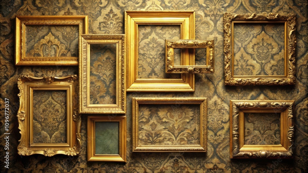 A collection of ornate golden frames arranged in a decorative pattern against a textured background. A collection of ornate golden frames arranged in a decorative pattern against a textured background.