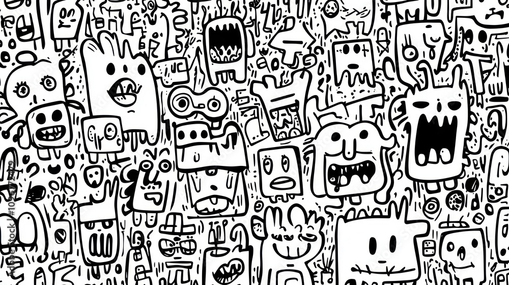 Whimsical Doodle World: A playful exploration of expressive characters and quirky forms in a black and white illustration. Whimsical Doodle World: A playful exploration of expressive characters and quirky forms in a black and white illustration.