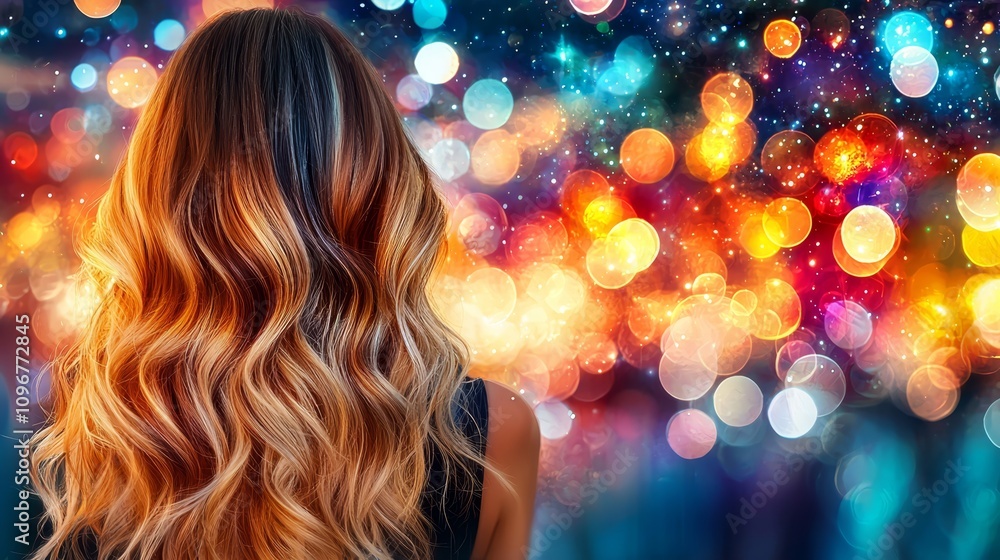 A woman with long, wavy hair standing in front of a colorful background A woman with long, wavy hair standing in front of a colorful background