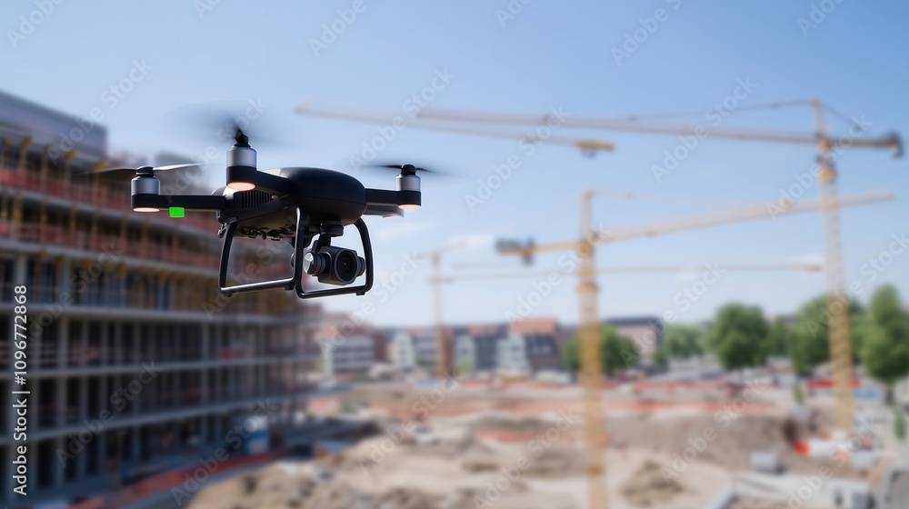 Naklejka premium Drone over construction site. video surveillance or industrial inspection.