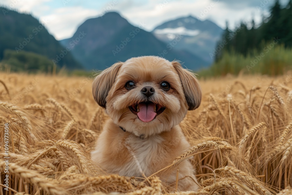 A happy dog sitting in a golden wheat field with mountains in the background. A happy dog sitting in a golden wheat field with mountains in the background.