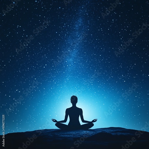 Silhouette of a person meditating under a starry sky.