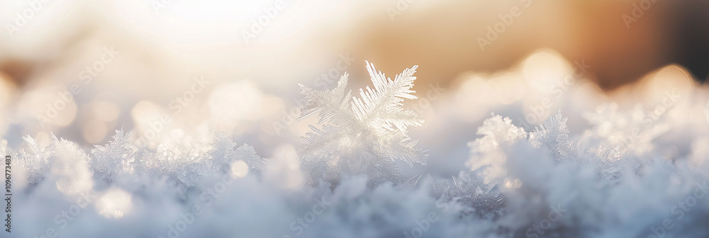 A detailed close-up photo of a snowflake resting gently on a layer of snow, illuminated by warm sunlight in a serene winter landscape, creating a magical atmosphere. A detailed close-up photo of a snowflake resting gently on a layer of snow, illuminated by warm sunlight in a serene winter landscape, creating a magical atmosphere.
