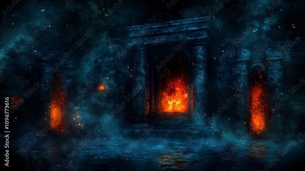 A dark room with a fire in the middle of it A dark room with a fire in the middle of it