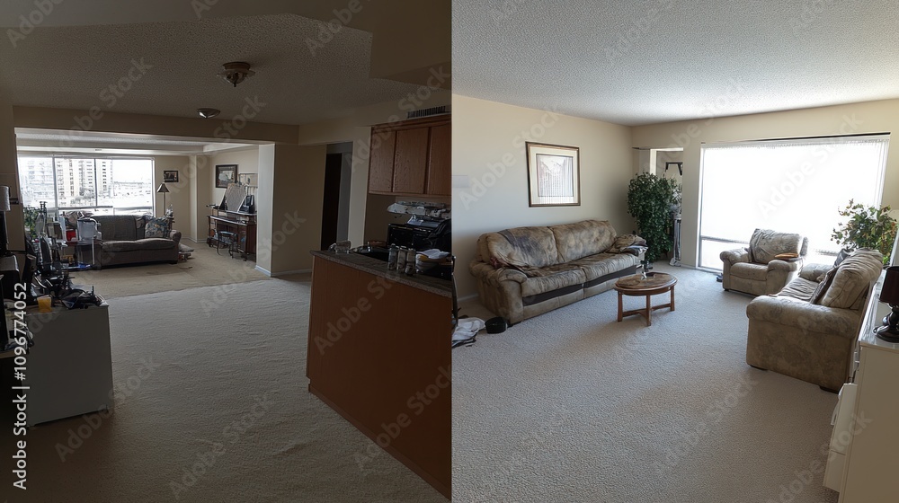 Spacious Living Room Interior with Large Windows and Comfortable Furniture Spacious Living Room Interior with Large Windows and Comfortable Furniture