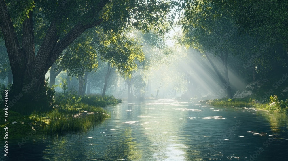 Sunbeams illuminate a tranquil forest stream, creating a mystical atmosphere. Sunbeams illuminate a tranquil forest stream, creating a mystical atmosphere.