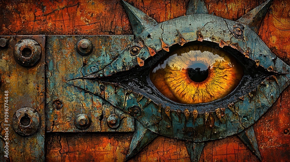 Fototapeta premium A close up of an eye on a rusty metal surface