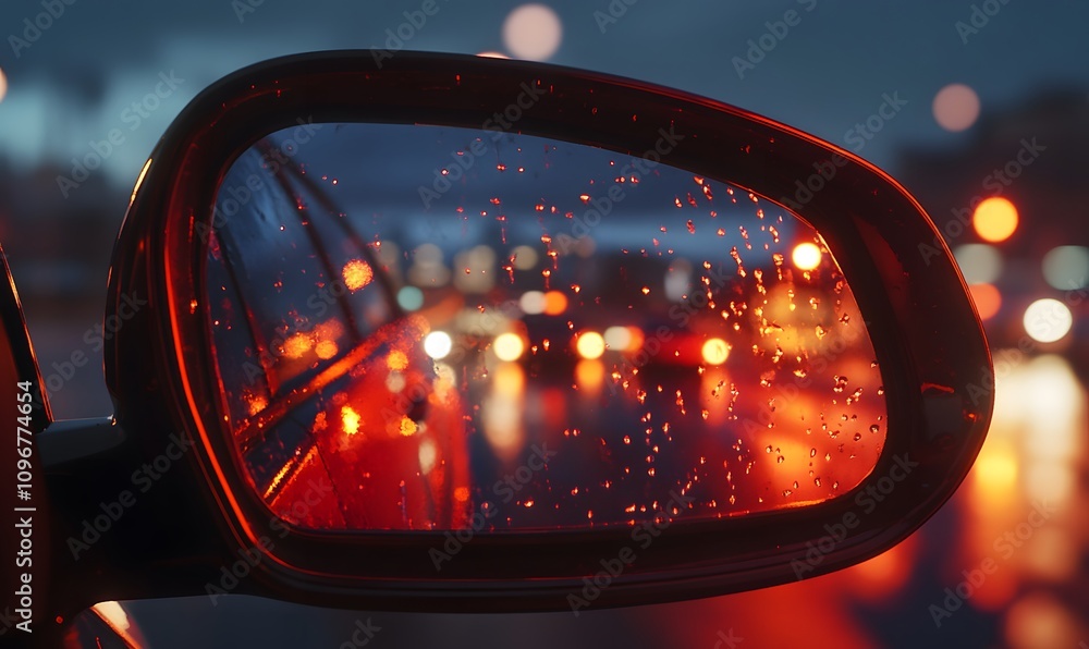 Side view mirror of a car with blurred city lights in the background. The rearview mirror is filled with reflections from other cars and streetlights, Side view mirror of a car with blurred city lights in the background. The rearview mirror is filled with reflections from other cars and streetlights,