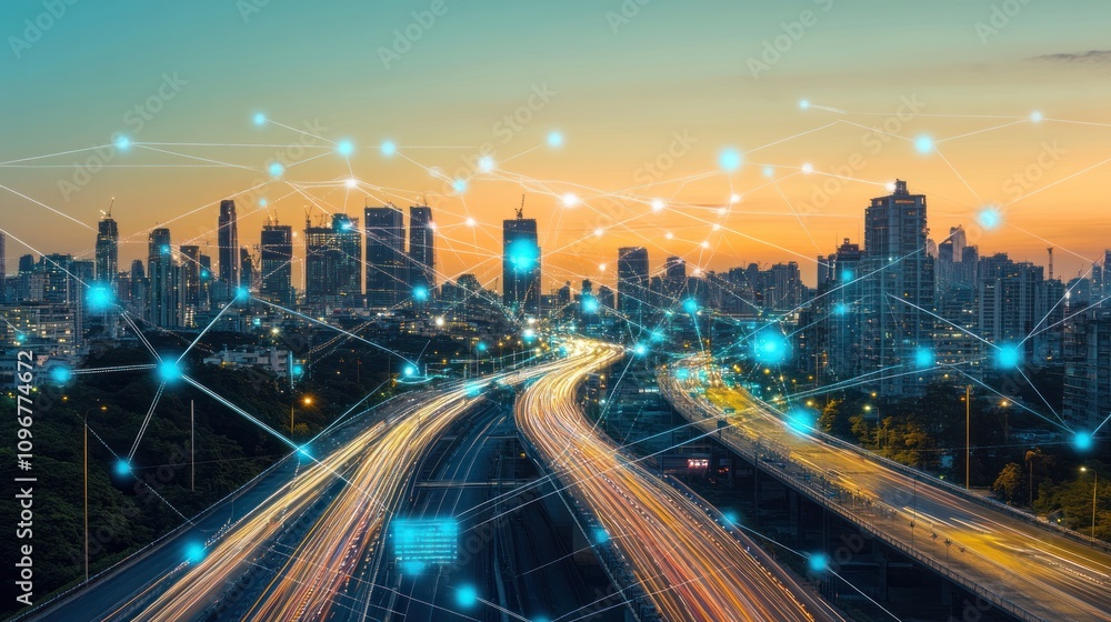 Fototapeta premium Smart Cityscape: A Networked Metropolis at Twilight