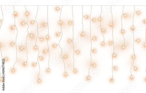 Decorative realistic christmas yellow glowing hanging light chains garland in seamless pattern on transparent background