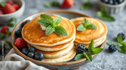 Pancakes with fresh mint and berries in a bowl, color palette, Shrovetide