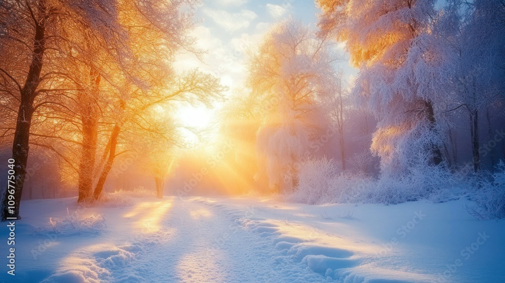 Naklejka premium Magical winter sunset in snowy forest.