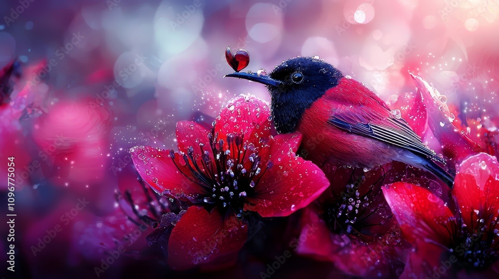 A red bird sitting on top of a red flower A red bird sitting on top of a red flower