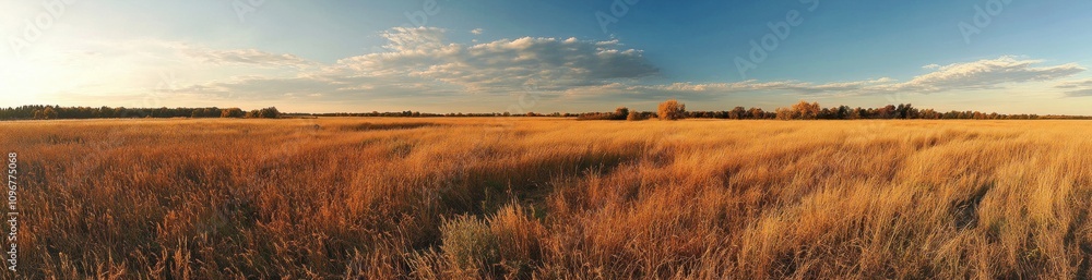 A panoramic view of a golden field under a clear blue sky. A panoramic view of a golden field under a clear blue sky.