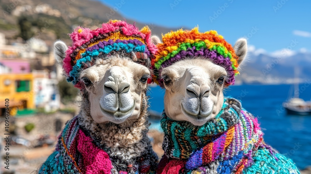 Two llamas wearing colorful hats and scarves standing next to each other Two llamas wearing colorful hats and scarves standing next to each other